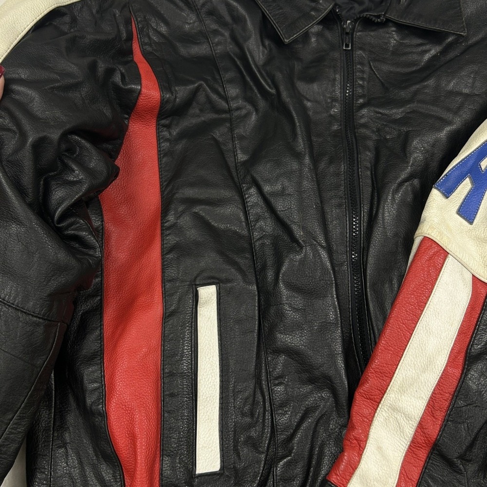 Unbranded Leather Jacket Mens L Black USA Sleeve Racing Bomber Moto F2 - Picture 7 of 10